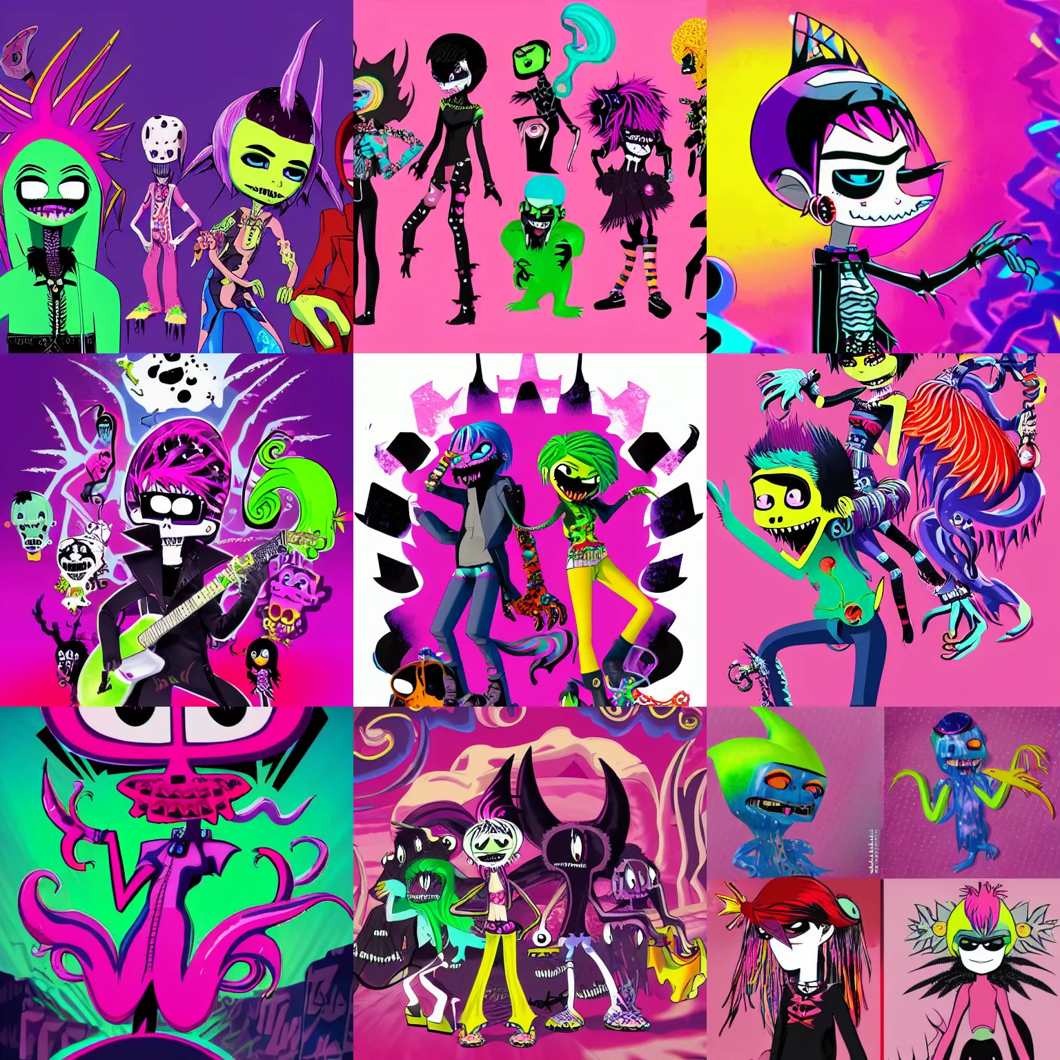 Prompt: CGI lisa frank gothic punk vampiric electrifying vampiric squid character designs of varying shapes and sizes by genndy tartakovsky and Jamie Hewlett from gorillaz and the creators of fret nice high resolution, rtx