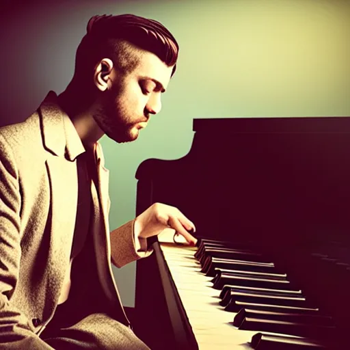 Prompt: attractive male, playing piano, low - key lighting, vaporwave, daguerrotype