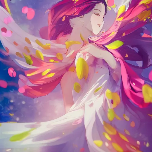 Image similar to spaciously scattered multi colored flower petals flowing through the air from left to right on a clean background, anime, artgerm, manga, trending on artstation, wlop, artgerm