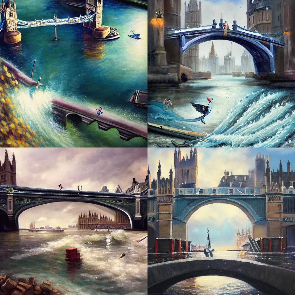 Prompt: a beautiful painting of a London bridge falling down. Debris is crashing into the water below. Trending on artstation. Expressive masterpiece.