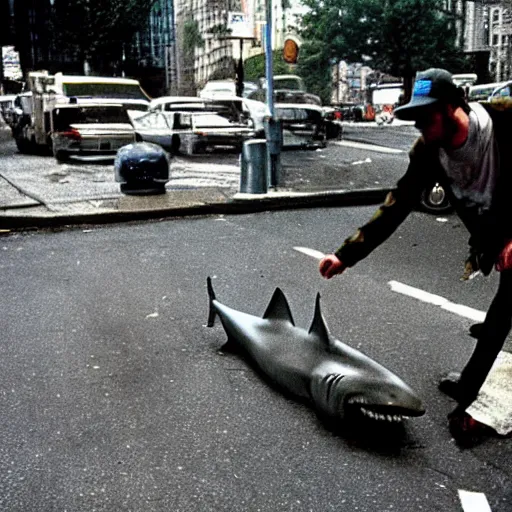 Prompt: The first street shark discovered in new york streets, circa 1992, photograph