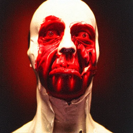 Image similar to filmic extreme wide shot dutch angle movie still 35mm film color photograph of a doctor with his head severed in half, sliced in half at the mouth, dripping blood, in the style of anatomy photography