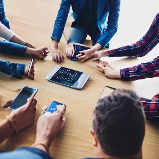 Image similar to a group of adults playing games on their phones while sitting in circle, unreal engine