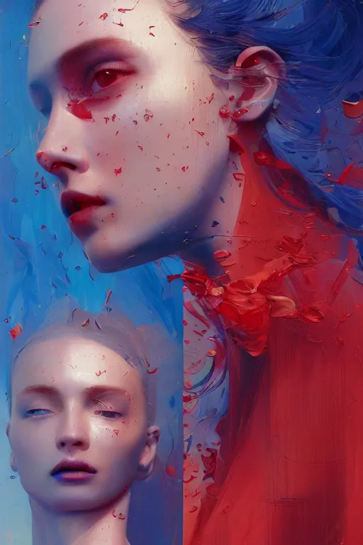 Image similar to 3 d, sci - fi, sun rays, sleepy fashion model face, detailed blue faces aside, cinematic, vogue cover style, poster art, light red and deep blue mood, realistic painting, intricate oil painting, high detail, figurative art, multiple exposure, poster art, 3 d, by tooth wu and wlop and beeple and greg rutkowski