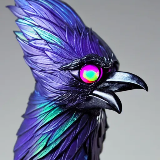 Prompt: up close photo of a magical psychic raven judging you. iridescent feathers. purple iridescence. 3D sculpt by Range Murata.