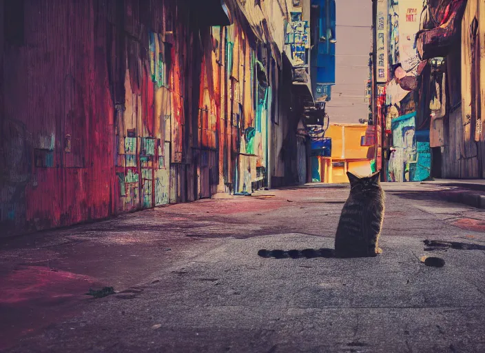 Image similar to photography of a Cat sitting on a box. in a cyberpunk street, award winning photo, colors, 100mm, sharp, high res