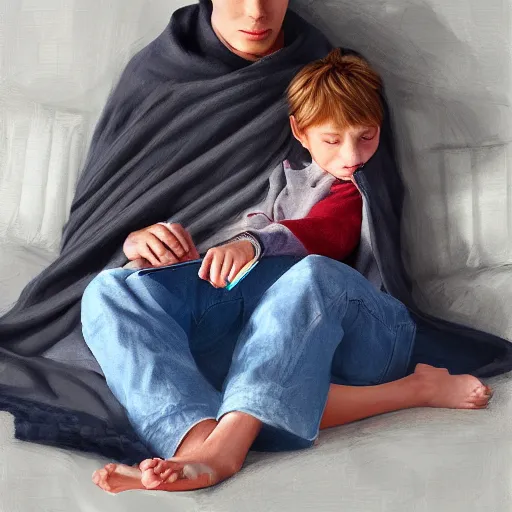 Prompt: he has his own blanket and he has already taken my blanket twice to hold his ipad on his lap mandy jurgens digital art, golden ratio, art canvas, award winning, masterpiece artstation 8 k 1 5 0 mpx