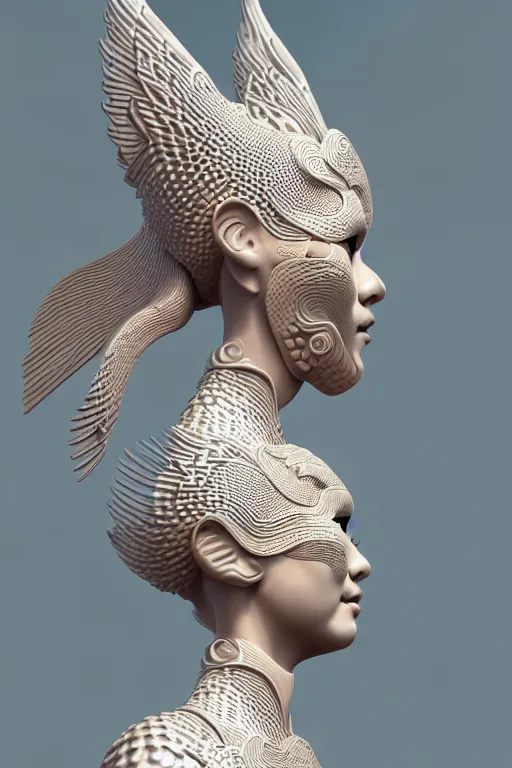 Image similar to 3 d goddess close - up profile portrait. beautiful intricate highly detailed korean gumiho mask and traditional korean hanbok. stingray, magpie, bio luminescent, plasma, lava, ice, water, wind, creature, artwork by tooth wu and wlop and beeple and greg rutkowski, octane 3 d render