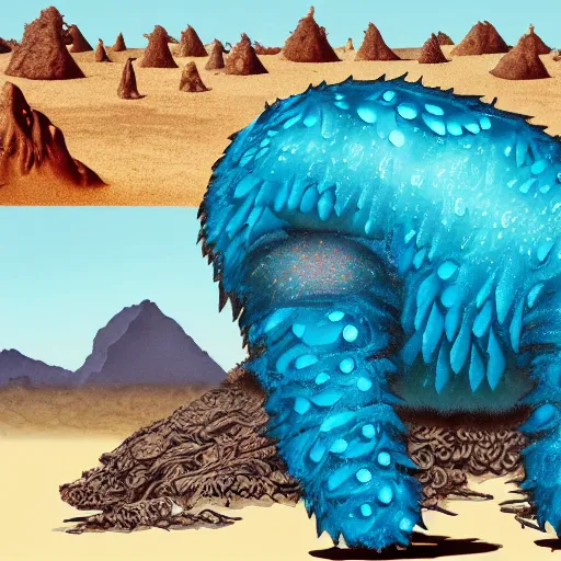 Image similar to collage art representing a Kaiju shaped like a water bear in a desert