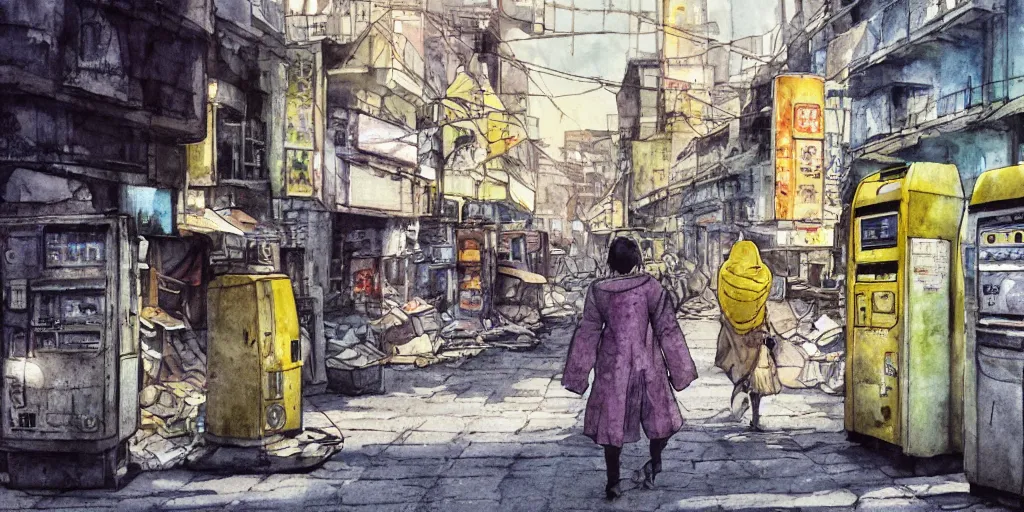 Image similar to deserted dusty junk town, a girl with a parka and a yellow parasol is running, broken vending machines, scene from the movie Ghost in the shell, watercolor, ultrawide