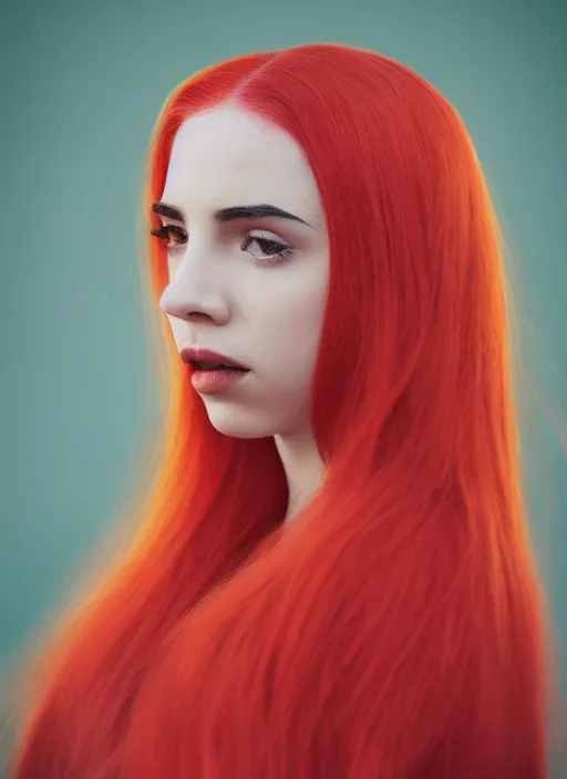 Image similar to ava max bright red hair photographed by charlotte rutherford, canon, highly realistic. high resolution. highly detailed. dramatic. 8 k. 4 k.