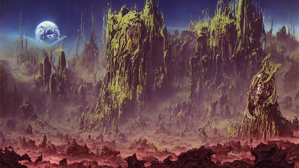 Image similar to surreal eerie alien planet empire with strange biomechanical plants by frank frazetta and bruce pennington, cinematic matte painting