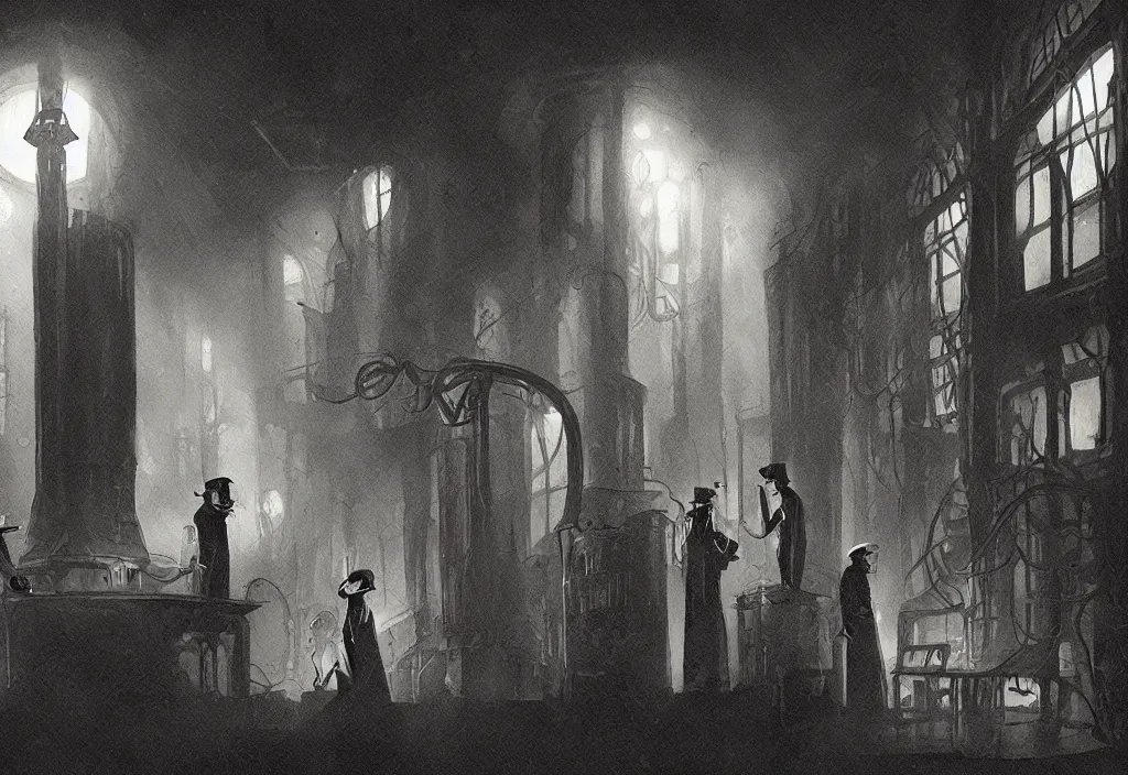 Prompt: dark lovecraftian labaratory 1920s interior, grim lighting, male and female investigators in trenchcoats aiming at unspeakable monstrosity, artstation, deviantart, trending