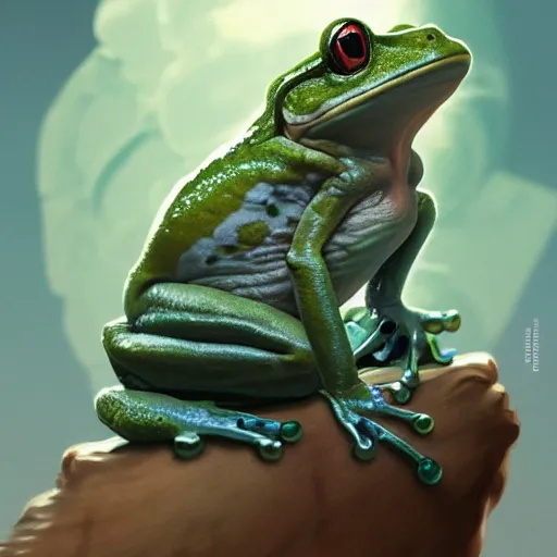 Image similar to a frog sitting on walter white's head, intricate, highly detailed, digital painting, artstation, concept art, smooth, sharp focus, illustration, unreal engine 5, 8 k, art by artgerm and greg rutkowski and alphonse mucha