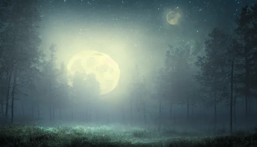 Prompt: a beautiful forest landscape at dusk, big moon and stars in the sky, matte painting, dark blue tones, concept art, 4k