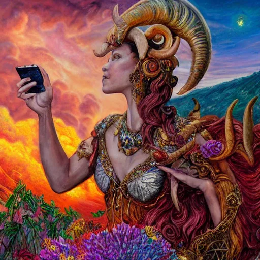 Image similar to painting by senior concept artist josephine wall, horned ram goddess checking her cell phone, erupting volcano and sunset in distance in background, flowers in foreground, trending on artstation, zodiac, fantasy, acrylic on canvas, intricately detailed, highly detailed, high resolution, 8 k,