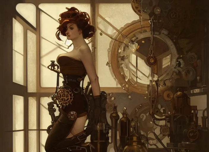 Image similar to woman model, steampunk!!! and modern, neutral colors, in a bathroom, backlit, elegant, highly detailed, digital painting, artstation, concept art, smooth, sharp focus, illustration, art by krenz cushart and artem demura and alphonse mucha