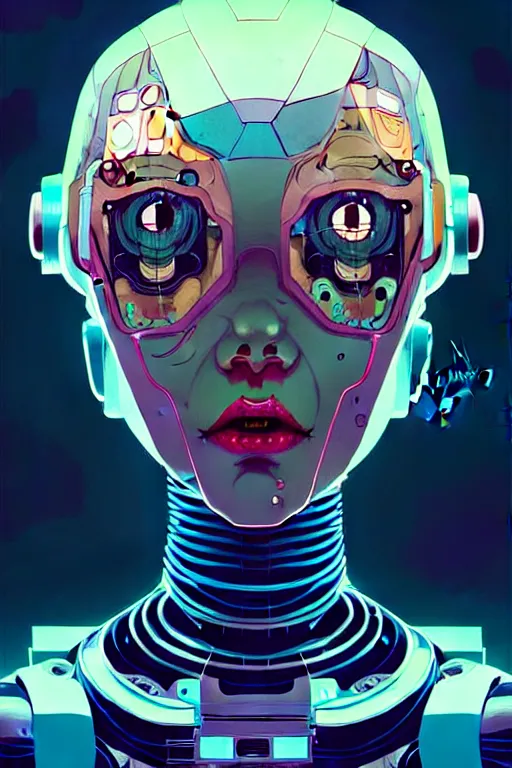 Image similar to a study of cell shaded protrait of female robot, llustration, post grunge, concept art by josan gonzales and wlop, by james jean, Victo ngai, David Rubín, Mike Mignola, Laurie Greasley, highly detailed, sharp focus, alien, Trending on Artstation, HQ, deviantart, art by artgem