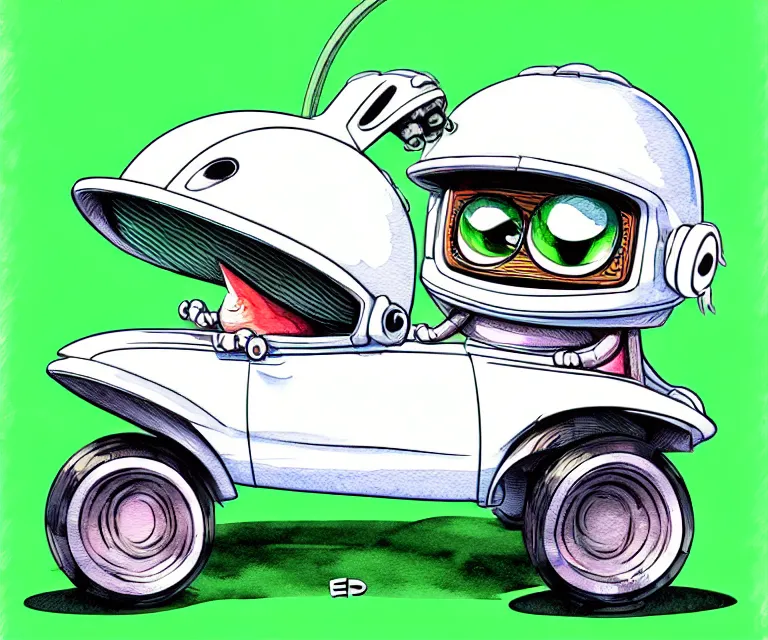 Image similar to cute and funny, pepe wearing a helmet riding in a tiny hot rod tesla with oversized engine, ratfink style by ed roth, centered award winning watercolor pen illustration, isometric illustration by chihiro iwasaki, edited by range murata, details by artgerm