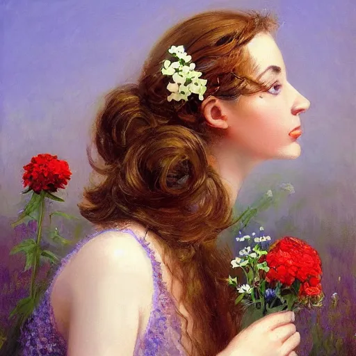 Image similar to a portrait of a romantic woman with flowers grow out of hair, roses peonies forget-me-nots dahlias lupins gladioli, sky theme in background, by Alexandr Averin, Digital Art, Trending on artstation