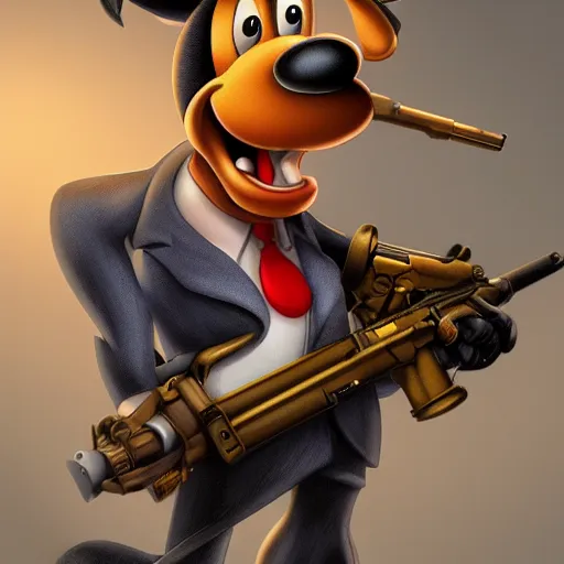 Image similar to Photorealistic Goofy holding a machine gun, Hyperdetailed, 108 megapixels, artstation concept art