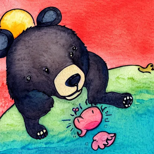 Prompt: a bear dreaming a thought bubble with a mouse in it, watercolor