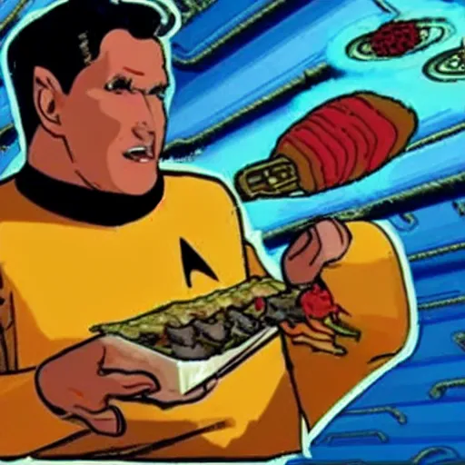 Image similar to star trek engineer fighting living fries in space eating them