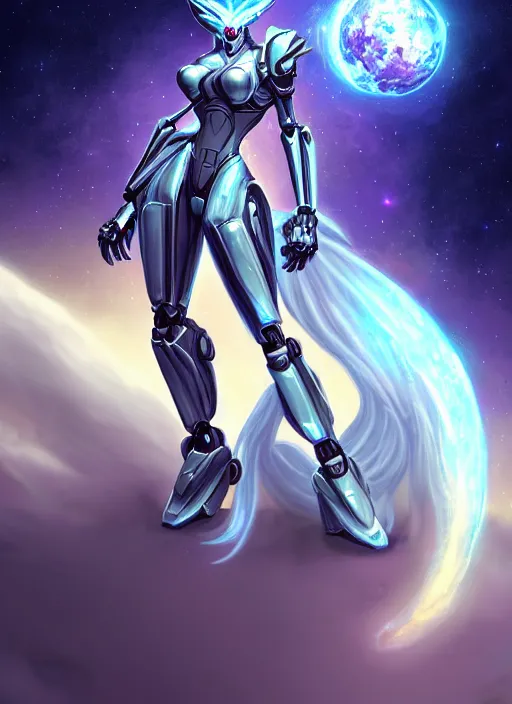 Image similar to cinematic goddess shot, cosmic sized perfectly proportioned stunning beautiful hot anthropomorphic robot mecha female dragon, in space, nebula sized, larger than galaxies, galaxy floating in palm, sleek silver armor, epic proportions, epic size, epic scale, digital art, furry art, macro art, dragon art, giantess art, warframe fanart, furaffinity, deviantart