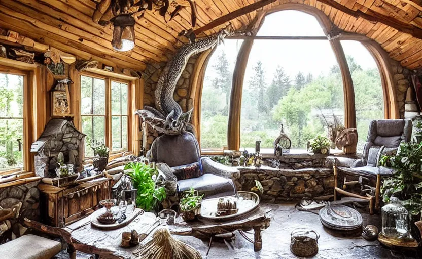 Prompt: cottage living room interior with a witch cauldron and bottles of potions and ingredients in jars, sunny, natural materials, rustic wood, window sill with plants, vines on the walls, dried herbs under the ceiling bookshelves, design. A giant dragon looking through the window. Fire. Gigantic dragon eye. Mordor