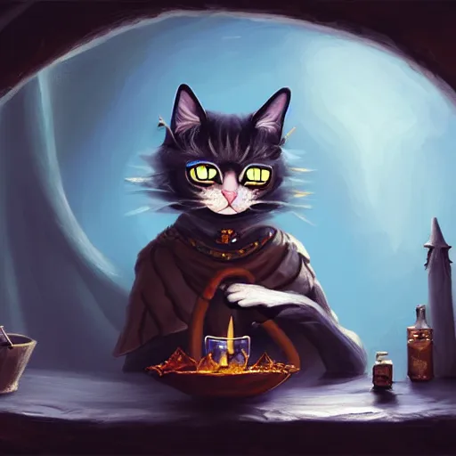 Image similar to Oil Painting of Cat Witch, Anthropomorphized, evil, brewing potion in witch Hut, magic the gathering artwork, horror, D&D, fantasy, cinematic lighting, centered, symmetrical, highly detailed, digital painting, artstation, concept art, smooth, sharp focus, illustration, volumetric lighting, epic Composition, 8k, art by Akihiko Yoshida and Greg Rutkowski and Craig Mullins, oil painting, cgsociety