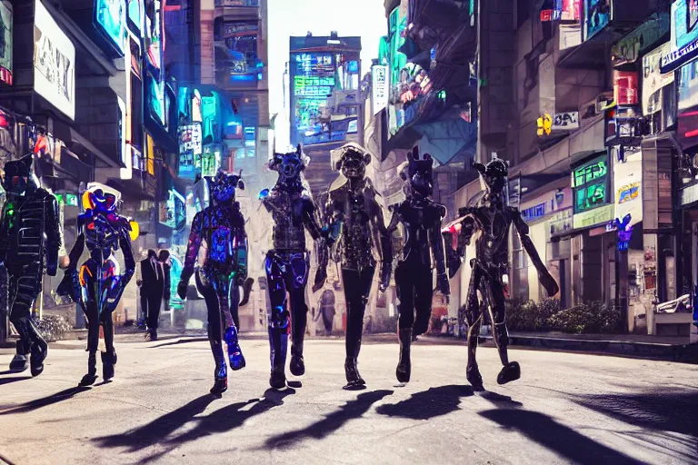 Prompt: an group of cyborg fursuiters walking down a cyberpunk city street, photo, 4K