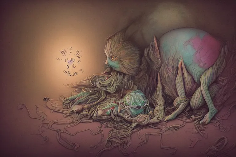 Image similar to Keeping you sane, And you fade away just enough, You felt the edge again, You took two pills And you fell asleep, Hugging six rabbits And having pink nightmares, concept art, trade on artstation, sharp focus, psychedelic, by Yoshitaka Amano, Mark Ryden, Zdzisław Beksiński, Extremely high detail, realistic, fantasy art, masterpiece, Hyperrealism. Subsurface scattering. Octane Render. Weirdcore