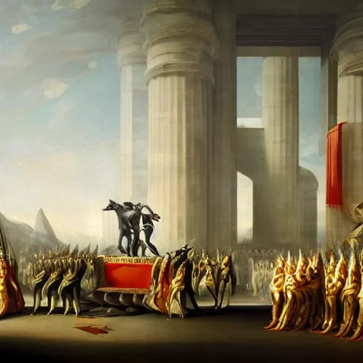 Image similar to sci-fi car dynamic organic forms and wall structure in the coronation of napoleon painting by Jacques-Louis David ceramic metal material shiny gloss water reflections search pinterest keyshot product render 4k