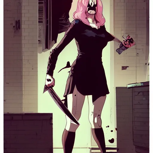 Prompt: style of Jaime McKelvie and Joshua Middleton comic book art, cinematic lighting, realistic, bunny mask female villain holding a bloody kitchen knife, standing in an alleyway, full body sarcastic pose, symmetrical, realistic body, knee high socks, rioters, people fighting, The Purge, night, horror, dark color palette