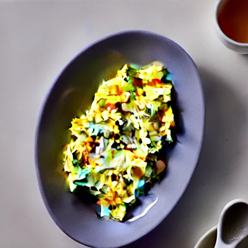 Prompt: scrambled eggs resembling jeff goldblum