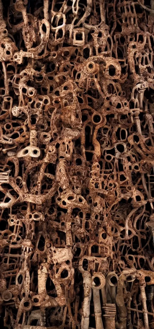 Prompt: a scary rusty skeleton shape made out of pipes, horror, human bodies, human face,