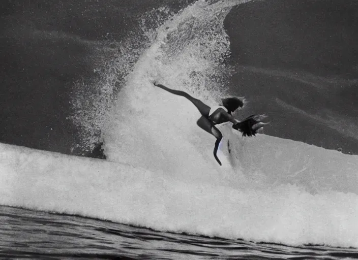 Prompt: surfergirl surfning a big wave in the 8 0's. shark fin in the water