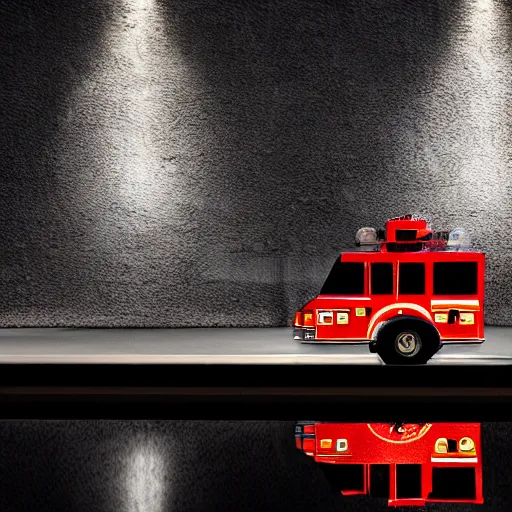 Prompt: A firetruck at night, back view, off angle, dark shading, flashing lights, wet reflective concrete, city, photograph, award winning, deviantart