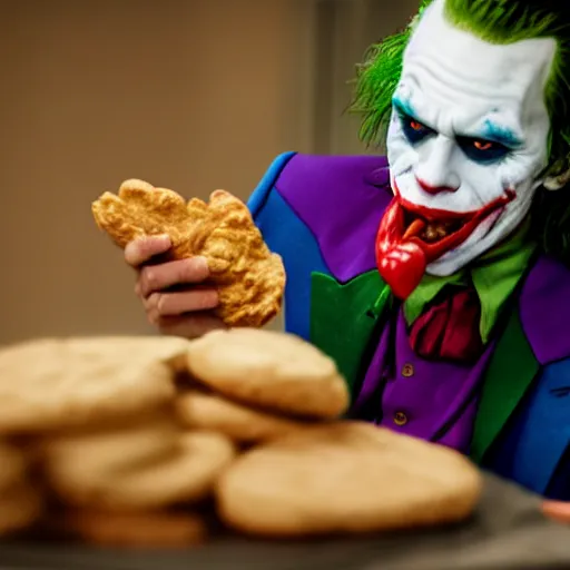 Image similar to cinematic shot of the joker biting into a flour biscuit, 8 k, very detailed, very intricate,