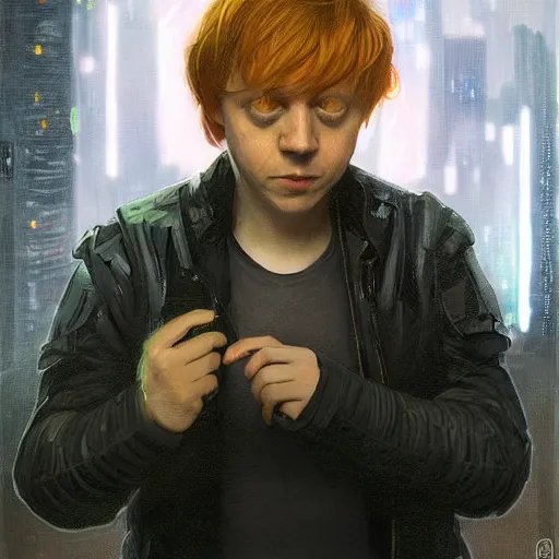 Image similar to portrait of Rupert Grint as Ron Wisly in cyberpunk, neon lighting, night city, digital art from artstation by Ruan Jia and Mandy Jurgens and Artgerm and william-adolphe bouguereau and Greg Rutkowski