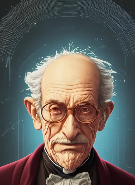 Prompt: portrait of elderly 1 9 th century genius inventor by dan mumford, yusuke murata, makoto shinkai, ross tran, cosmic, intricate detail, cinematic, 8 k, cel shaded, unreal engine, featured on artstation, pixiv