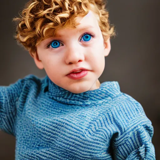 Image similar to toddler boy with curly light blond hair and blue eyes, photography, realistic
