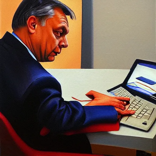 Image similar to viktor orban computer programming in a cubicle, oil painting