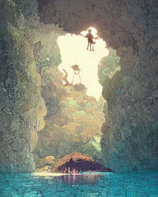 Image similar to a boy sneaking behind a giant sleeping giant, in a cave by the water, digital art, illustrated by james gurney and victo ngai