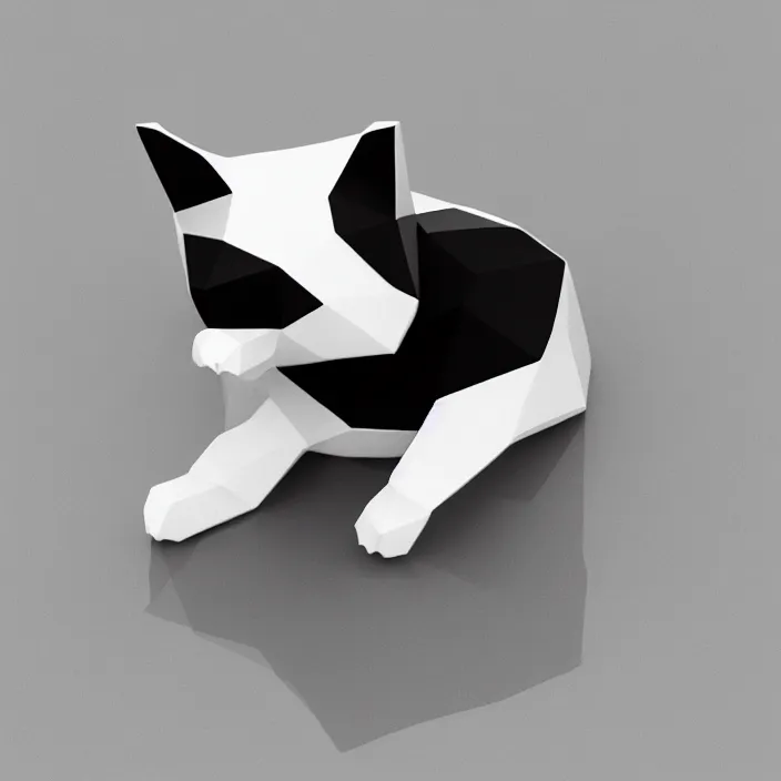 Image similar to low polygon, 3 d render, black and white cat, isometric view, pure white background, high definition