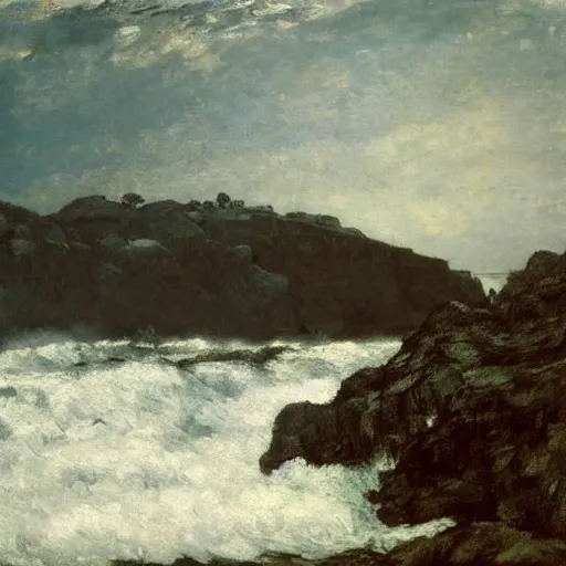 Image similar to Courbet's late landscapes and seascapes can look especially unbelievable: waves, solid like sapphire or granite; pine forests dense and frozen like the rocks of the Ardennes. In a work like ''Black Rocks,'' the atmosphere is viscous, the light of the orange sky hanging, tangibly, like seaweed, on the water and shore: a portentous image, full of longing.