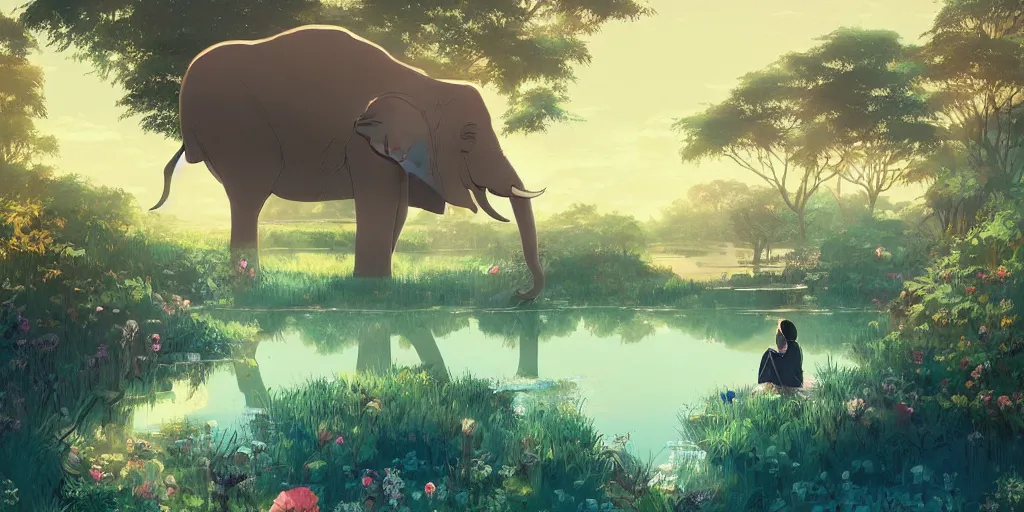 Prompt: elephant in front of a lake with gardens and waterfall vibrant highlights sharp contrast trending pixiv fanbox chiaroscuro by victo ngai james gurney makoto shinkai takashi takeuchi studio ghibli