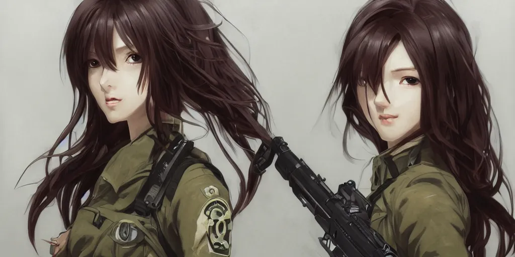 Image similar to soldier girl, concept art, anime style, long hair, hair down, symmetrical facial features, from girls frontline, hyper realistic, pale skin, 4 k, rule of thirds, extreme detail, detailed drawing, trending artstation, hd, fantasy, d & d, realistic lighting, by alphonse mucha, greg rutkowski, sharp focus, backlit, soldier clothing