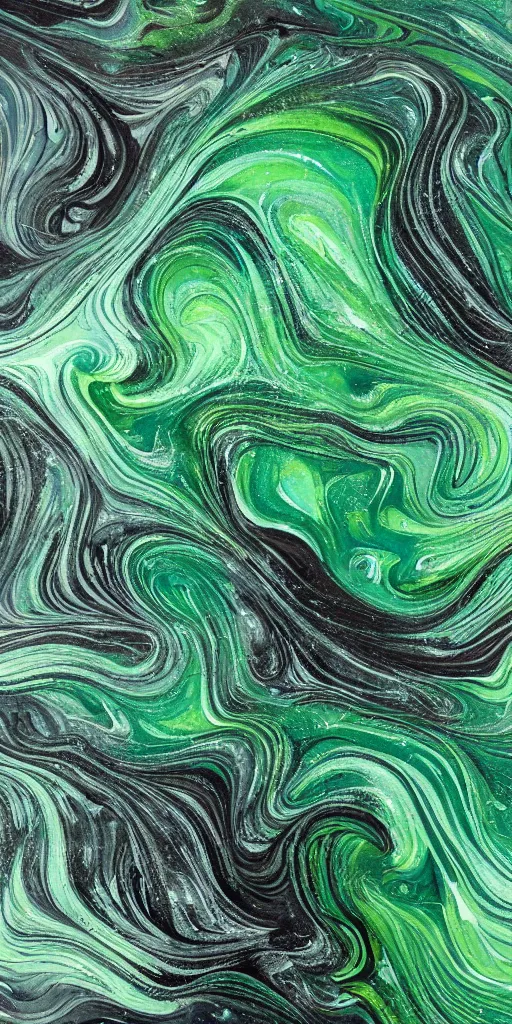 Image similar to beautiful liquid marble texture with big oil bubbles and twirls. harmonic black and green tones coloured abstraction. ultradetailed realistic art