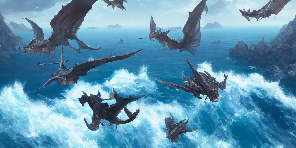 Image similar to Wyverns flying over a big blue sea surrounded by floating mountains, Darek Zabrocki, Karlkka, Jayison Devadas, Phuoc Quan, trending on Artstation, 8K, ultra wide angle, pincushion lens effect